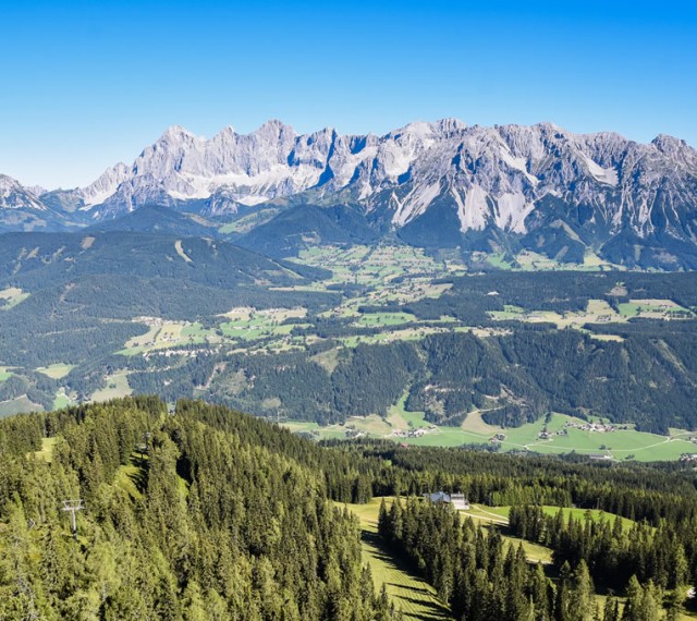 Traumhaft grüne Landschaften mit felsigen Berggipfeln im Hintergrund